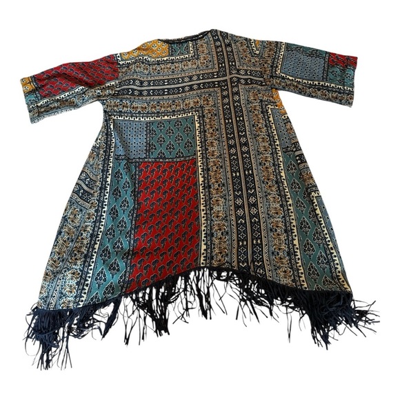Umgee Open Fringe Hem Cardigan Kimono Patchwork Mix Print S/M Red Blue Yellow - Picture 13 of 14